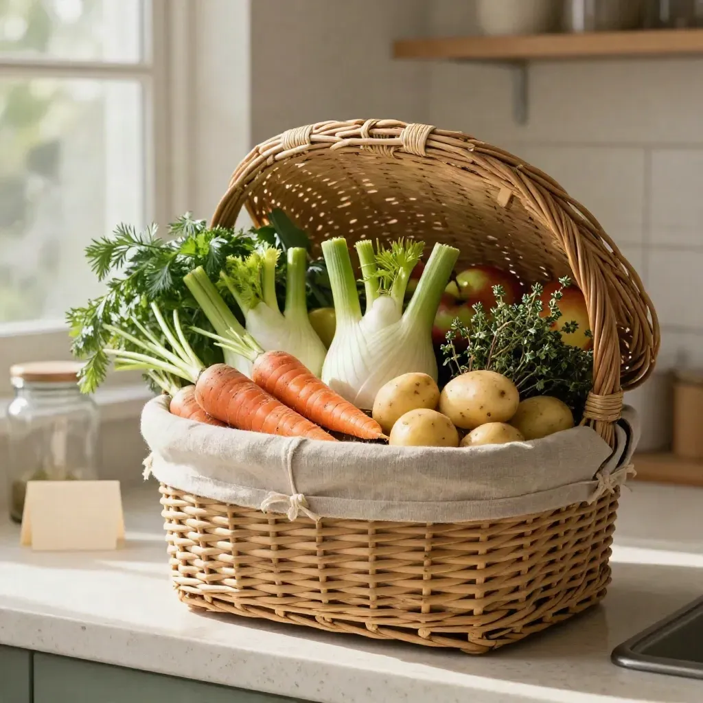 Grand panier hebdomadaire de légumes et herbes entrouvert sur une dalle de travertin.