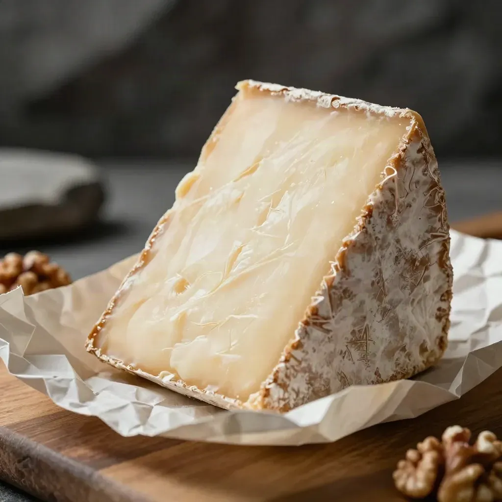 Gros plan d’un fromage fermier à croûte naturelle dans son papier froissé, lumière froide de cave.