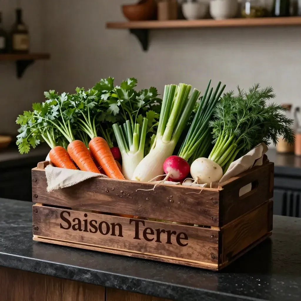 Caisse généreuse de légumes et herbes pour restaurant, sur surface noire, lumière dramatique.