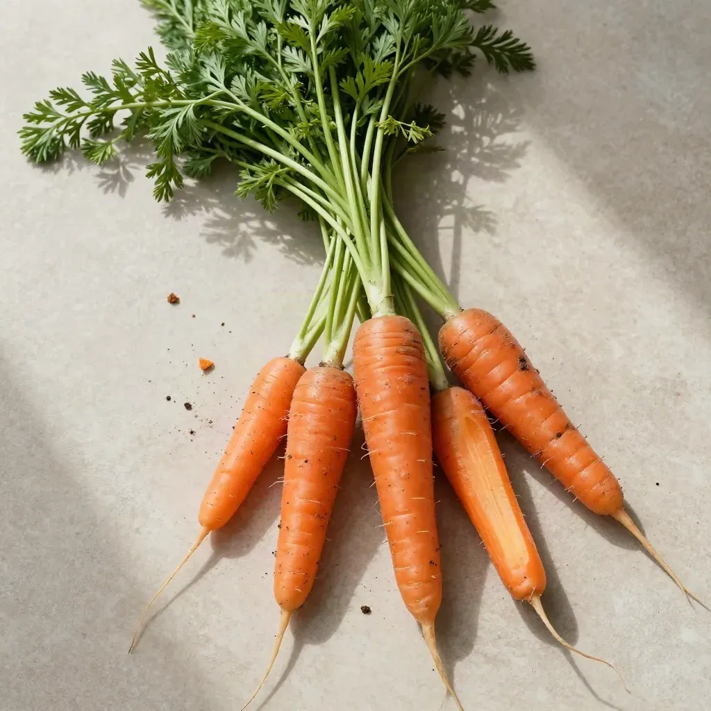 Botte de carottes fanes vue du dessus sur pierre claire, avec terre humide et ombres douces.