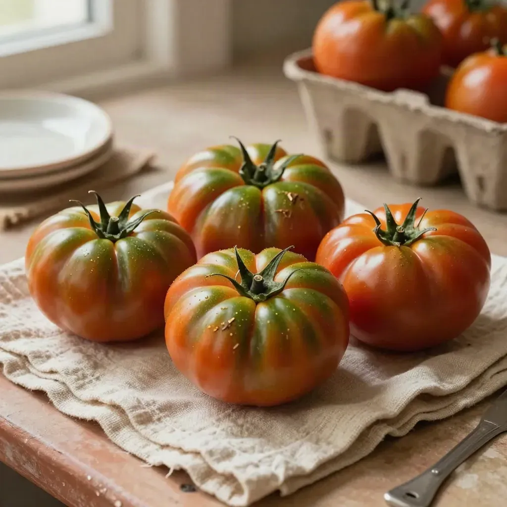 Barquette de tomates anciennes sur linge de lin, lumière douce, tons terre cuite et ambiance fermière.