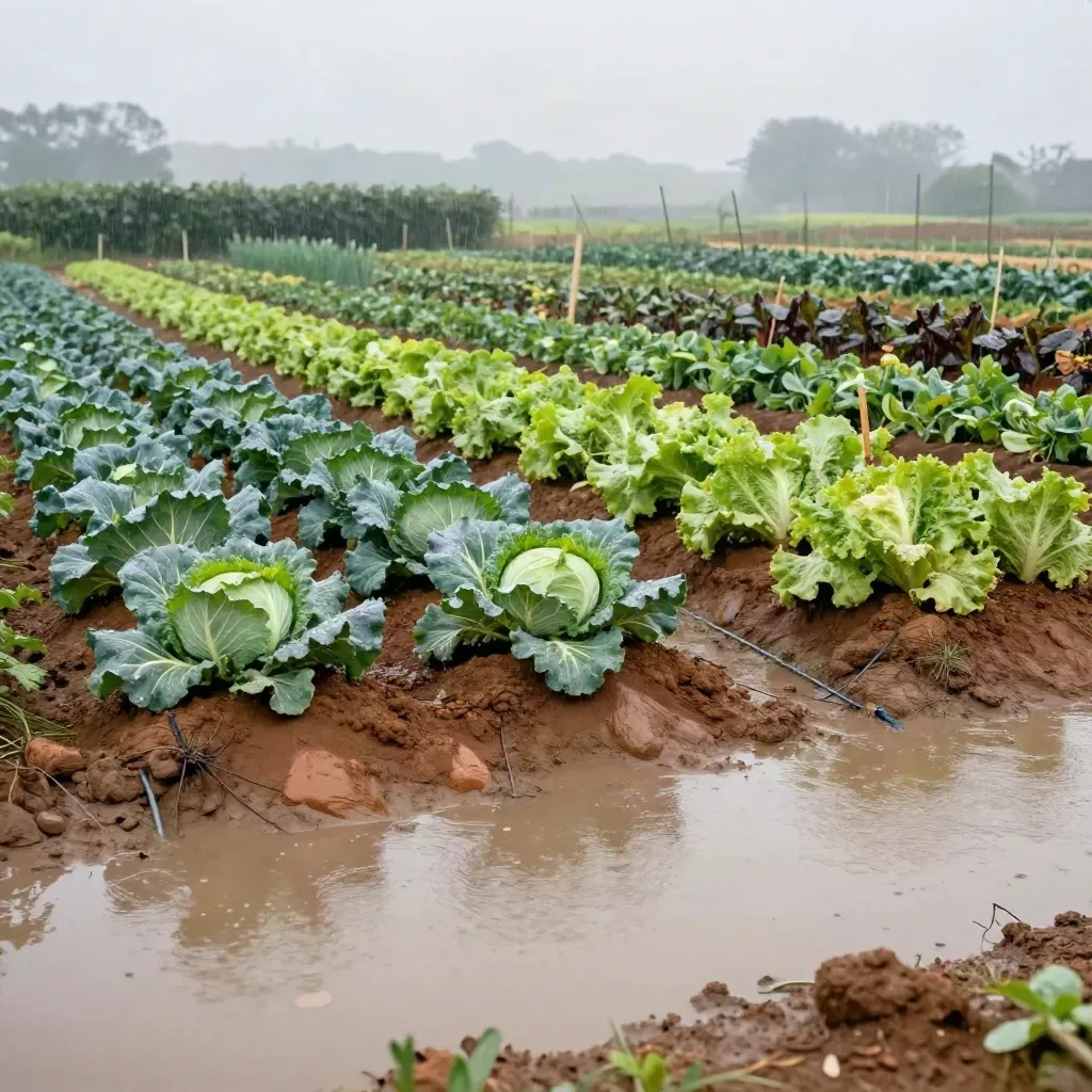 Plateau maraîcher après pluie, rangs de légumes bio et sol humide sous un ciel brumeux.